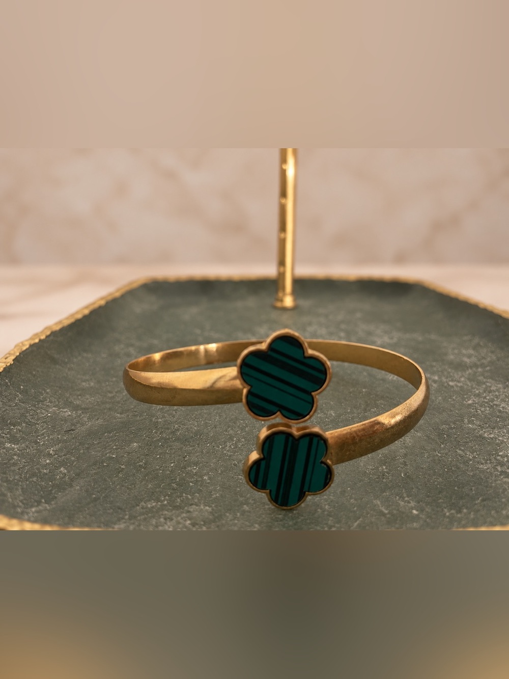 Gold Tone Adjustable Cuff Bangle Bracelet Green Black Striped Flower Statement